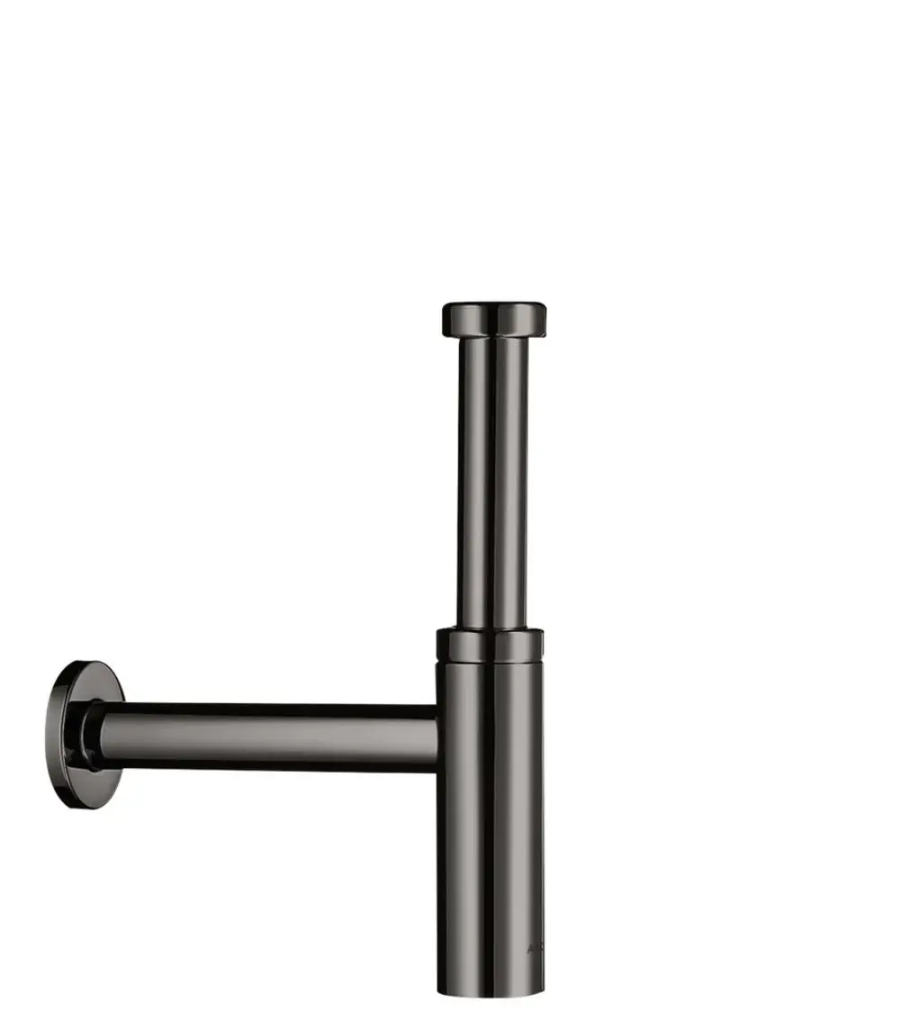 Siphon in Polished Black Chrome von Hansgrohe, vertikal mit zwei Rohren, einem Wandanschluss und praktischem Design zur Abwasserleitung.